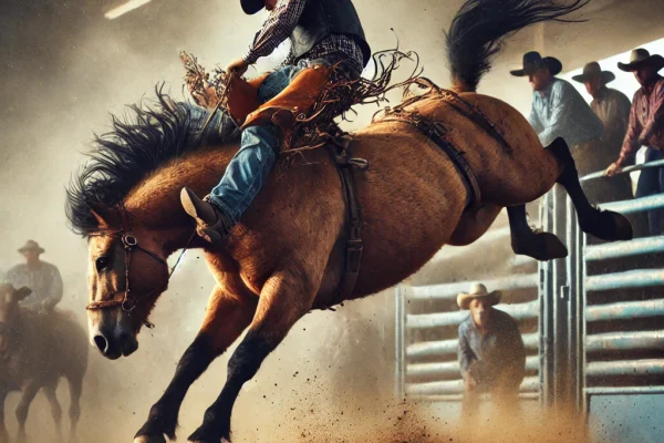 DALL·E 2025-03-17 22.41.26 - A competitive rodeo event in progress, featuring a cowboy riding a bucking bronco. The scene captures the intense action as the cowboy clings to the h