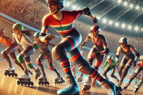 DALL·E 2025-03-17 22.43.53 - A thrilling roller skating competition in progress, featuring a group of athletes racing on a smooth, circular track. The skaters are dressed in color