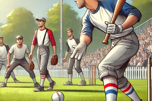 DALL·E 2025-03-17 22.45.55 - A competitive rounders match in progress, featuring two teams of players. One team is in the field, with a player preparing to pitch the ball while ot