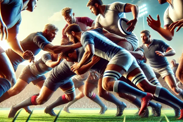 DALL·E 2025-03-17 22.47.11 - A thrilling rugby match in progress, featuring two teams of players engaged in an intense scrum. One team is attempting to advance with the ball, whil