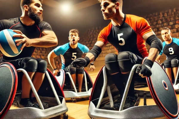 DALL·E 2025-03-17 22.48.18 - A high-energy wheelchair rugby match in progress, with two teams of athletes competing fiercely. The players are in specialized sports wheelchairs, us