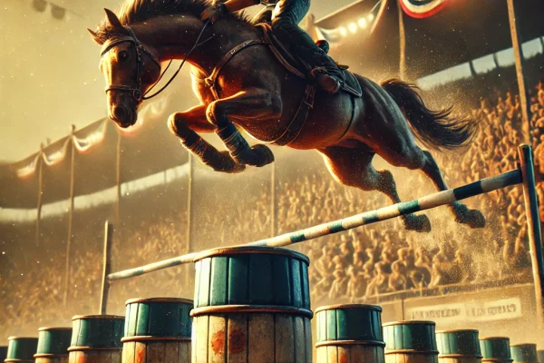 DALL·E 2025-03-17 22.52.02 - A thrilling barrel jump event, where an athlete or rider is in mid-air, performing a jump over several barrels arranged on the ground. The scene captu