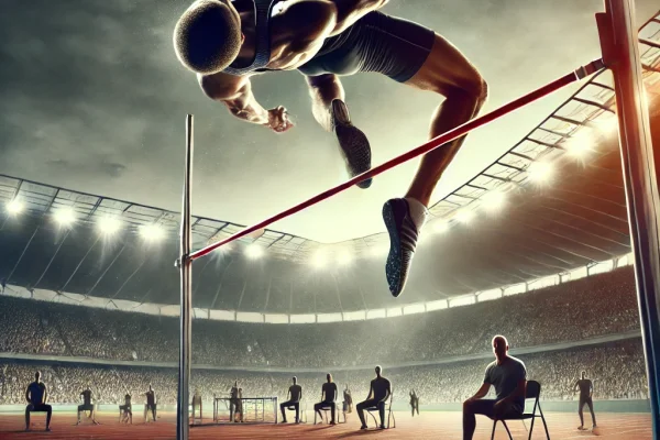 DALL·E 2025-03-17 22.54.13 - A professional high jump competition, where an athlete is performing a leap over a bar. The scene captures the athlete's form in mid-air, as they clea