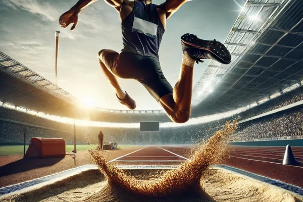 DALL·E 2025-03-17 22.58.54 - A high-energy image of an athlete performing a long jump, captured in mid-air, with the athlete's body fully extended and focused on reaching the fart