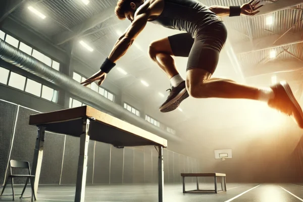 DALL·E 2025-03-17 23.00.01 - A dynamic image of an athlete performing a jump over a table, captured in mid-air. The athlete is in a typical athletic uniform, demonstrating agility