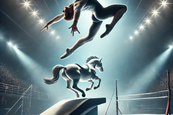 DALL·E 2025-03-17 23.01.14 - A dynamic image of a gymnast performing a salto over the horse vault. The gymnast is in mid-air, executing a graceful and acrobatic move while jumping