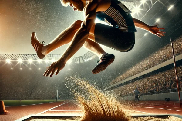 DALL·E 2025-03-17 23.01.58 - A high-energy image of an athlete performing the triple jump, captured in the middle of the second phase, the hop. The athlete is in the air, with one