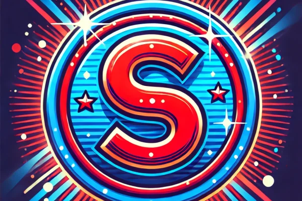 DALL·E 2025-03-17 23.30.41 - A vibrant, graphic design featuring a large red letter 'S' inside a blue circle. The circle has a thin blue border with stars at the tips of the borde