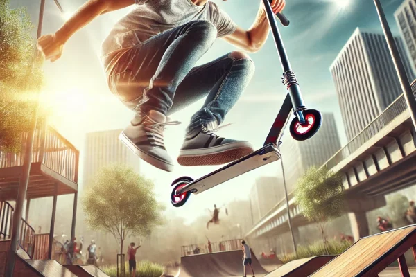 DALL·E 2025-03-17 23.31.55 - A dynamic image of a person performing a scooter trick in an urban skate park. The athlete is mid-air, executing a flip or a jump, with a scooter in h