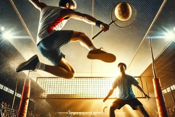 DALL·E 2025-03-17 23.33.02 - A dynamic image of two athletes playing Sepak Takraw in an outdoor arena. One athlete is in mid-air, performing a high kick to pass the ball over the