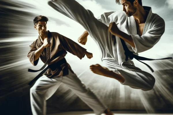 DALL·E 2025-03-17 23.34.47 - A dynamic image of two athletes practicing Sikaran, a Filipino martial art focused on kicks. One athlete is executing a high, spinning kick while the