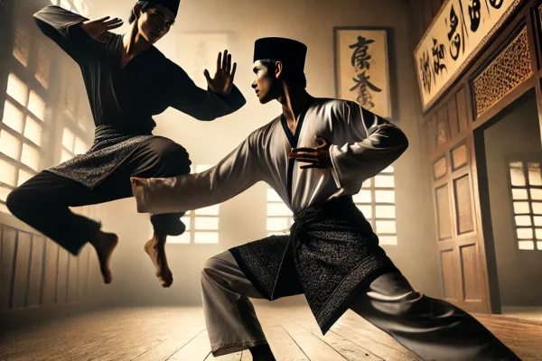 DALL·E 2025-03-17 23.35.34 - A dynamic image of two athletes practicing Silat Melayu, a traditional Malay martial art. One athlete is executing a swift defensive move while the ot