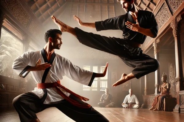 DALL·E 2025-03-17 23.38.05 - A dynamic image of two athletes practicing Pencak Silat, an Indonesian martial art. One athlete is performing an elegant defensive move, while the oth