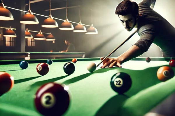 DALL·E 2025-03-17 23.39.01 - A dynamic image of a player taking a shot in a game of Snooker (Sinuca), with a cue stick aimed at the white ball. The background shows a classic snoo