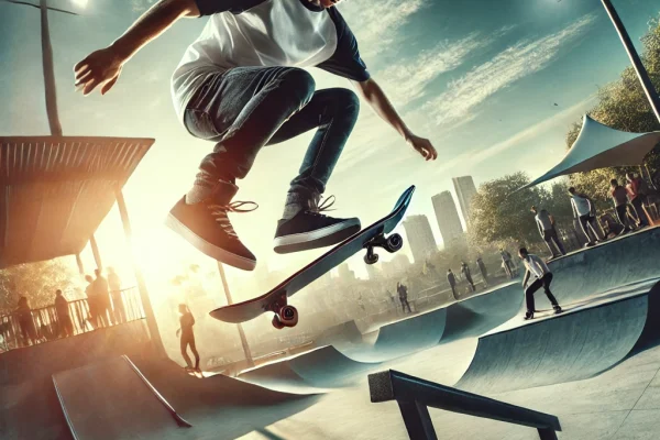 DALL·E 2025-03-17 23.41.37 - A dynamic image of a skateboarder performing a trick in a skate park. The skateboarder is mid-air, executing a flip or an ollie over a rail or ramp. T