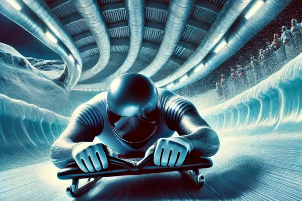 DALL·E 2025-03-17 23.42.17 - A dynamic image of an athlete racing in the Skeleton, a winter sport. The athlete is lying face down on a sled, speeding down an icy track with intens