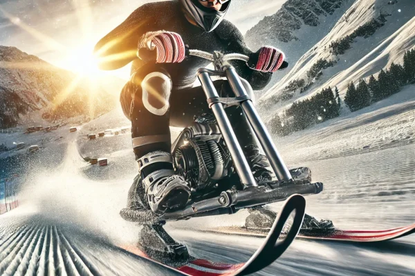 DALL·E 2025-03-17 23.43.00 - A dynamic image of an athlete riding a Skibob, a snow bike, racing down a snow-covered mountain. The athlete is sitting on a bike with skis attached i