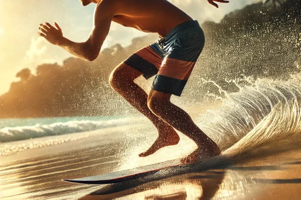 DALL·E 2025-03-17 23.43.40 - A dynamic image of a person performing a skimboarding trick on a beach. The athlete is running along the shore and jumping onto a skimboard, gliding o