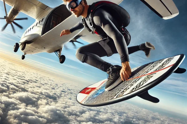 DALL·E 2025-03-17 23.44.45 - A thrilling image of a person performing skysurfing, jumping out of an aircraft with a surfboard. The athlete is mid-air, executing a flip or maneuver