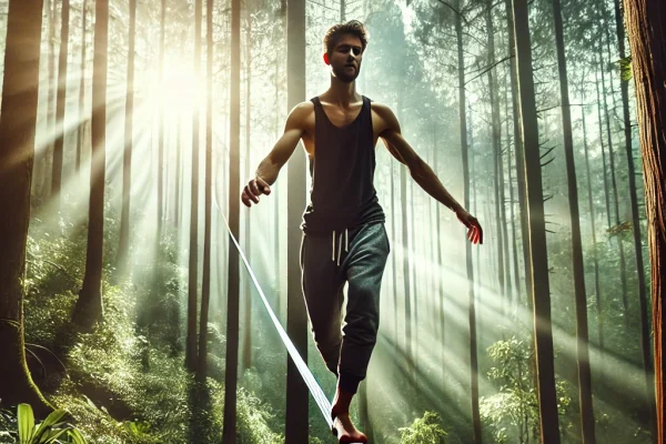 DALL·E 2025-03-17 23.45.38 - A dynamic image of a person performing slackline, walking across a narrow, elastic line stretched between two trees in an outdoor setting. The athlete