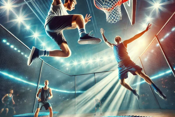 DALL·E 2025-03-17 23.46.29 - A dynamic image of two athletes playing Slamball, a combination of basketball and trampolining. One athlete is jumping high in the air, about to perfo