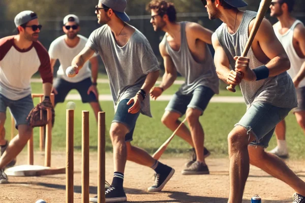 DALL·E 2025-03-17 23.48.23 - A casual and fun scene of a group of friends playing Scrub Baseball in a park. The players are using makeshift equipment, like an improvised bat and a