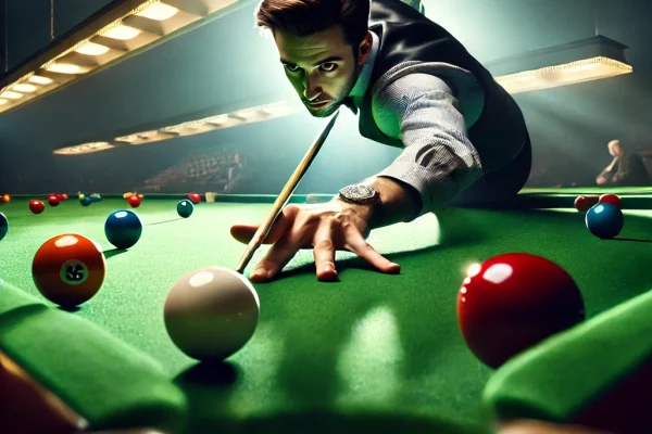 DALL·E 2025-03-17 23.49.11 - A dynamic image of a player taking a shot in Snooker (a form of pool). The athlete is focused and aiming at the white cue ball with a cue stick, prepa