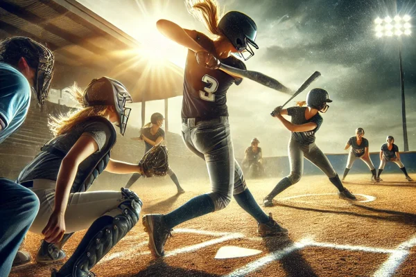 DALL·E 2025-03-17 23.50.47 - A dynamic image of a softball game in action. The batter is in the middle of a swing, about to hit a fast-pitch ball. The pitcher is on the mound, foc