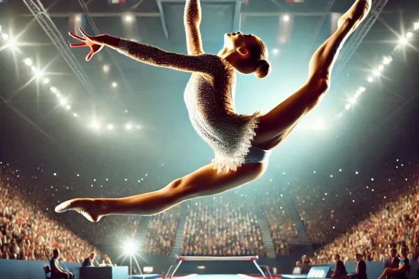 DALL·E 2025-03-17 23.51.30 - A dynamic image of a gymnast performing a solo routine on the floor, showcasing a combination of acrobatic flips, jumps, and elegant poses. The athlet