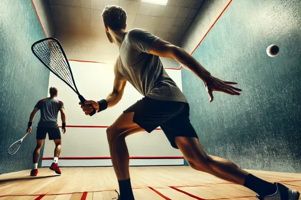 DALL·E 2025-03-17 23.52.27 - A dynamic image of a squash game in action. Two athletes are playing on a squash court, with one player in the middle of a powerful swing, about to hi