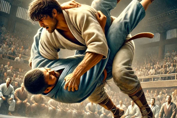 DALL·E 2025-03-17 23.53.18 - A dynamic image of two athletes engaged in a Sireum match, a traditional Korean wrestling sport. The competitors are in a circular arena, each wearing