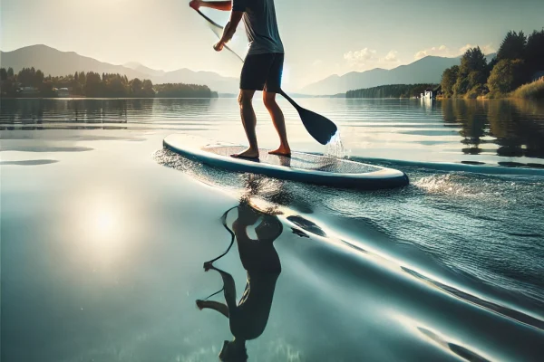 DALL·E 2025-03-18 00.03.44 - A dynamic image of a person practicing Stand Up Paddle (SUP) on a calm lake. The athlete is standing on a large, stable paddleboard, using a paddle to