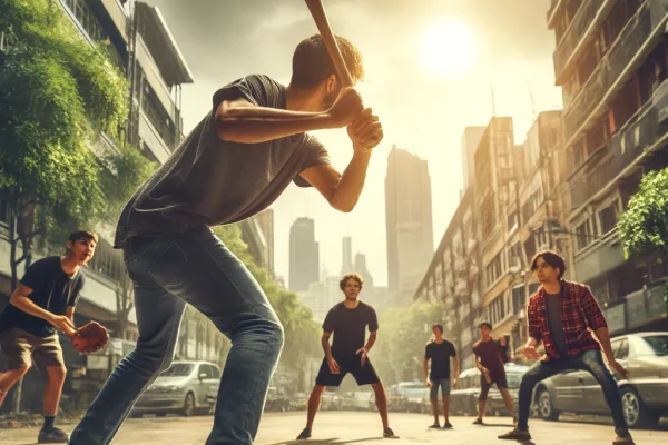 DALL·E 2025-03-18 00.04.59 - A dynamic image of a group of friends playing Stickball in a city street. One player is preparing to hit the ball with an improvised bat, made from a