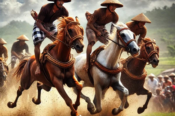 DALL·E 2025-03-18 00.07.05 - A dynamic image of a traditional Subak horse race, with two riders on horseback racing down a dirt track. The horses are galloping at full speed, with