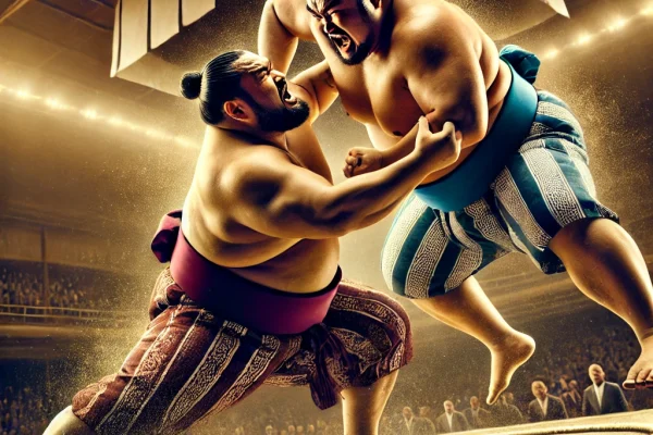 DALL·E 2025-03-18 00.24.56 - A dynamic image of a sumo wrestling match in action. Two sumo wrestlers (rikishi) are locked in a powerful contest inside the sumo ring, known as the