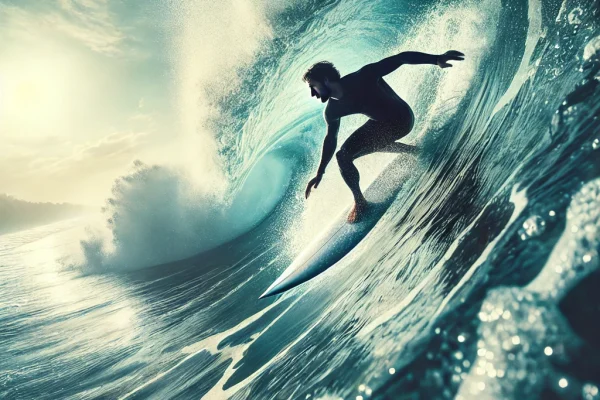 DALL·E 2025-03-18 00.25.46 - A dynamic image of a surfer riding a large wave in the ocean. The athlete is skillfully balancing on a surfboard, performing a turn or maneuver on the