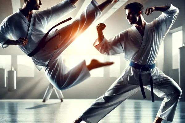 DALL·E 2025-03-18 00.26.57 - A dynamic image of two athletes practicing Taekkyeon, a traditional Korean martial art. One athlete is performing a high kick, while the other is usin
