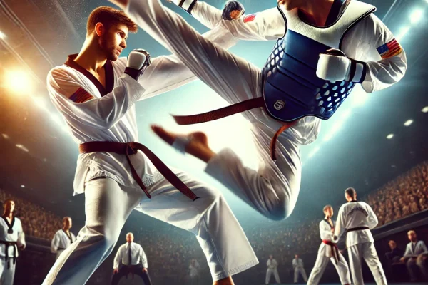 DALL·E 2025-03-18 00.28.03 - A dynamic image of two taekwondo practitioners in a sparring match. One athlete is performing a high kick aimed at the opponent's head, while the othe
