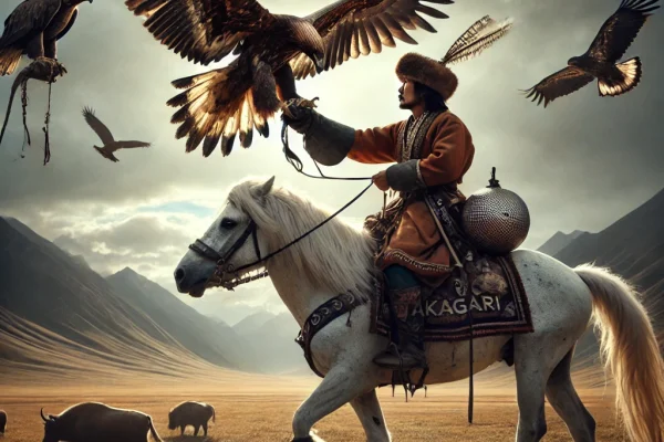 DALL·E 2025-03-18 00.28.56 - A dramatic image of a traditional Takagari hunting scene, where a hunter is on horseback with a trained eagle perched on their arm. The hunter, dresse