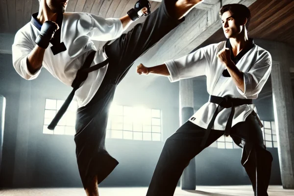 DALL·E 2025-03-18 00.29.47 - A dynamic image of two athletes practicing Tang Soo Do, a traditional Korean martial art. One athlete is performing a high kick while the other is pre