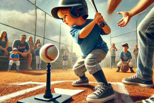 DALL·E 2025-03-18 00.31.04 - A dynamic image of a tee-ball game in action. A young child is standing at home plate, preparing to hit the ball off a tee with a bat. The ball is pos