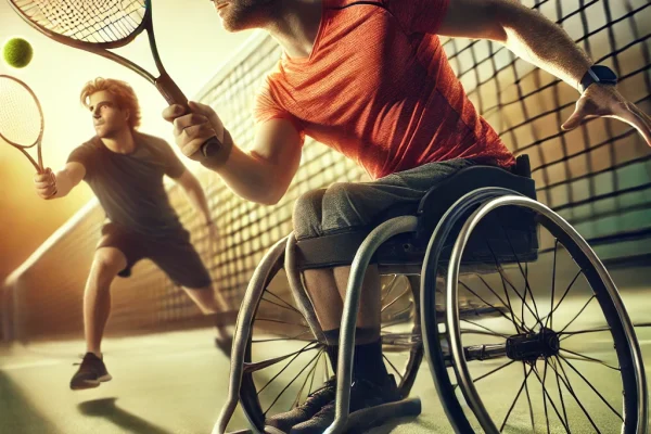 DALL·E 2025-03-18 00.36.05 - A dynamic image of two athletes playing wheelchair tennis. One athlete is in a wheelchair, preparing to hit the ball with a forehand shot while the ot