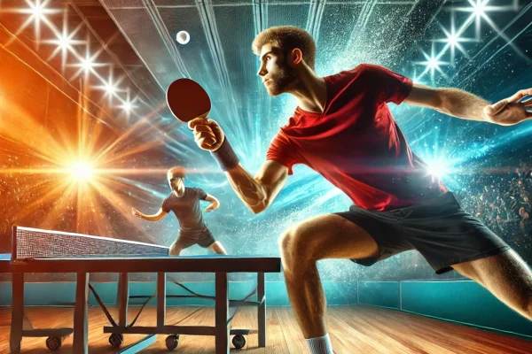 DALL·E 2025-03-18 00.38.58 - A dynamic image of two players engaged in a competitive table tennis match. One player is about to execute a powerful forehand shot while the other is