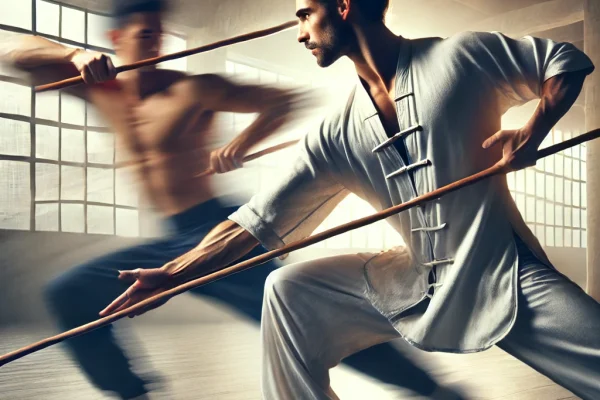 DALL·E 2025-03-18 00.40.54 - A dynamic image of two athletes practicing Ti Jian, a traditional Chinese martial art involving the use of staffs. One athlete is executing a defensiv