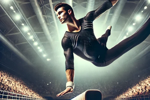 DALL·E 2025-03-18 00.42.00 - A dynamic image of a gymnast performing a routine on the balance beam. The athlete is executing a precise acrobatic move, maintaining perfect balance