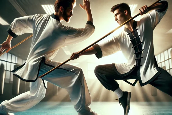 DALL·E 2025-03-18 00.43.10 - A dynamic image of two athletes practicing Ti Jian Zi, a traditional Chinese martial art involving combat with short staffs. The athletes are in a tra