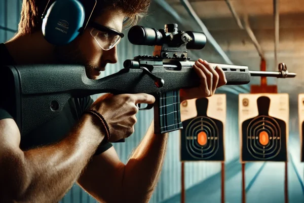DALL·E 2025-03-18 00.44.19 - A dynamic image of an athlete practicing target shooting with a rifle. The shooter is focused and calm, aiming at a target placed at a distance. The b