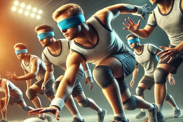 DALL·E 2025-03-18 00.49.27 - A dynamic image of a Torball game in action. Two teams of visually impaired athletes are playing on a court, wearing blindfolds and using their audito