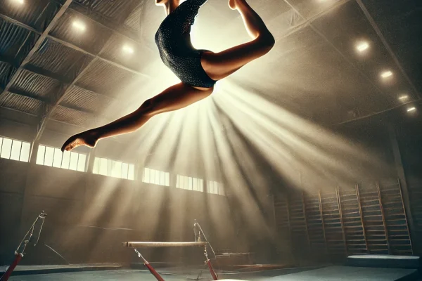 DALL·E 2025-03-18 00.50.20 - A dynamic image of an athlete performing a high-flying acrobatic jump from a springboard in gymnastics. The athlete is mid-air, executing a graceful a