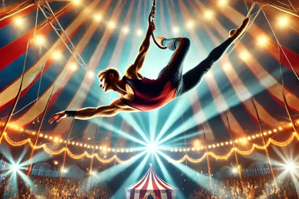 DALL·E 2025-03-18 00.51.22 - A dynamic image of an acrobat performing on the trapeze during a circus performance. The athlete is in mid-air, gracefully swinging from one trapeze t